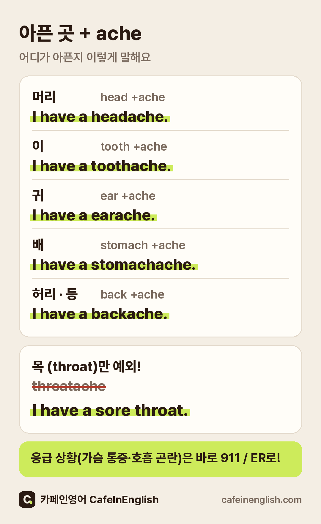 아픈 곳별 영어 표현: 머리 headache, 이 toothache, 귀 earache, 배 stomachache, 허리·등 backache, 목은 throatache가 아니라 sore throat