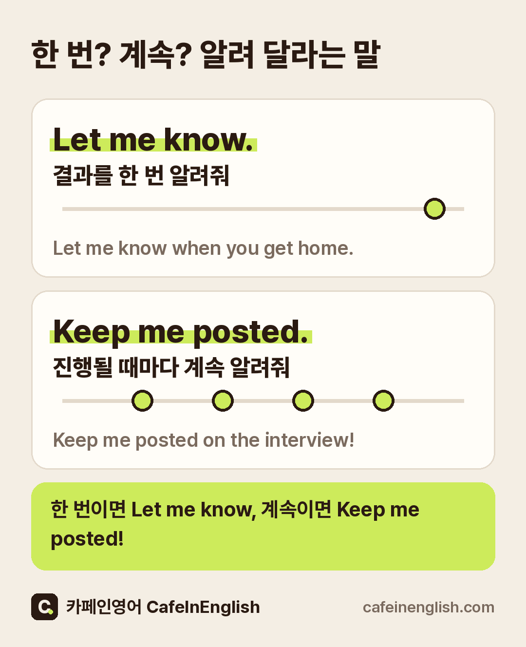 Let me know와 Keep me posted 차이: Let me know는 결과를 한 번 알려 달라는 말, Keep me posted는 진행될 때마다 계속 알려 달라는 말