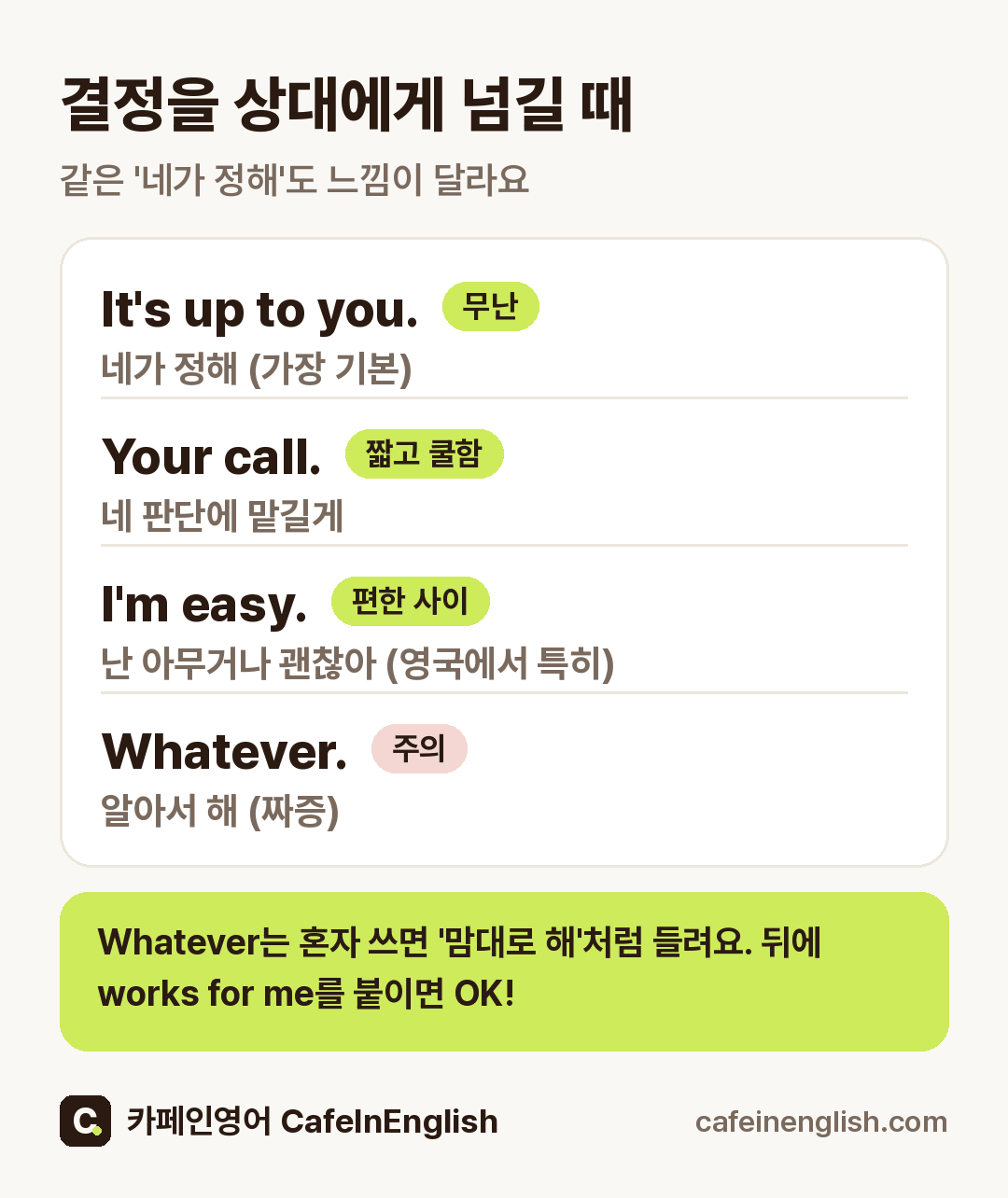 결정을 넘기는 말 비교: It's up to you(네가 정해, 무난) · Your call(네 판단에 맡길게, 짧고 쿨함) · I'm easy(난 아무거나 괜찮아, 편한 사이) · Whatever(알아서 해, 짜증으로 들릴 수 있음)